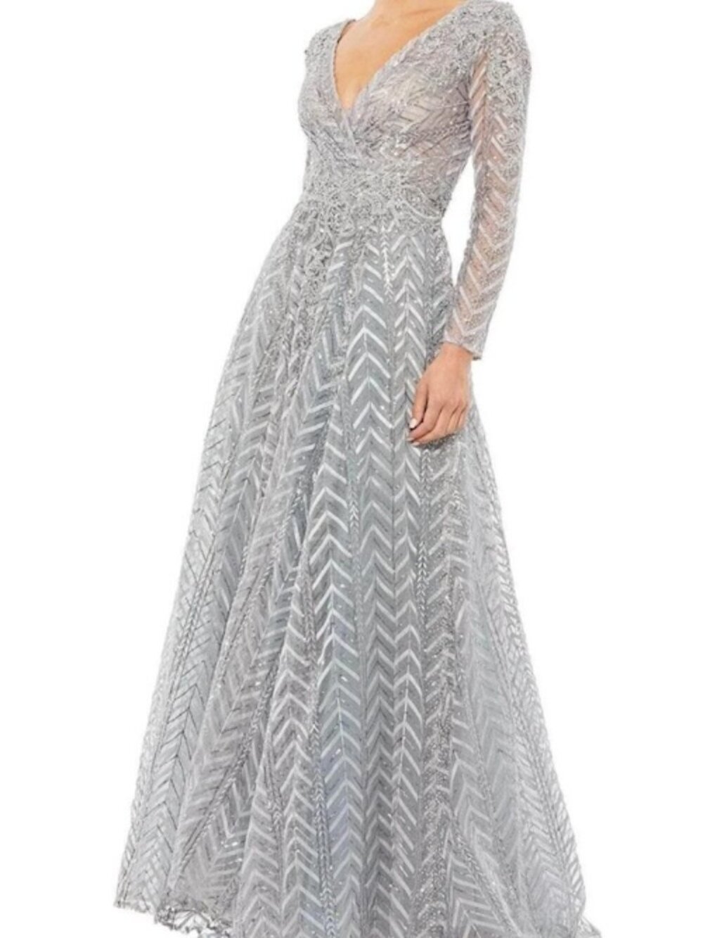 Mac Duggal Platinum Embellished Embroidered Long Sleeve Gown
